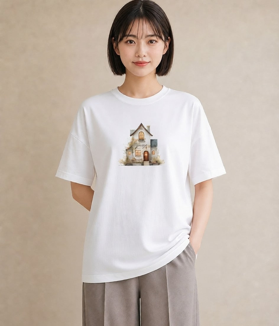 グラフィックTシャツ レディース 灯りの家 小屋 夜 ナチュラル アンティーク イラスト ラフ 女性向けギフト 散歩 白T YMAZO