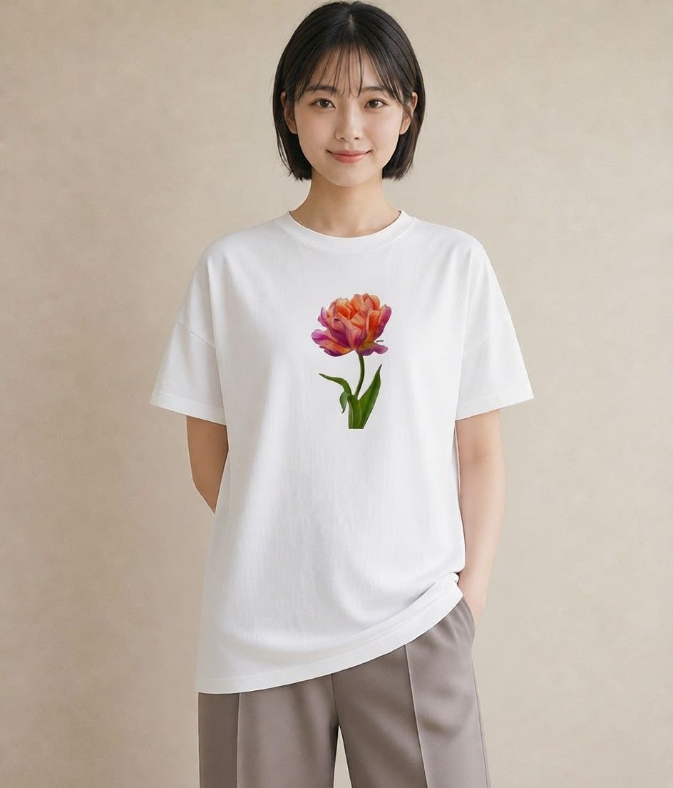 プリントTシャツ レディース チューリップ 花 花柄 イラスト シック ミセス 春コーデ 白T YMAZO