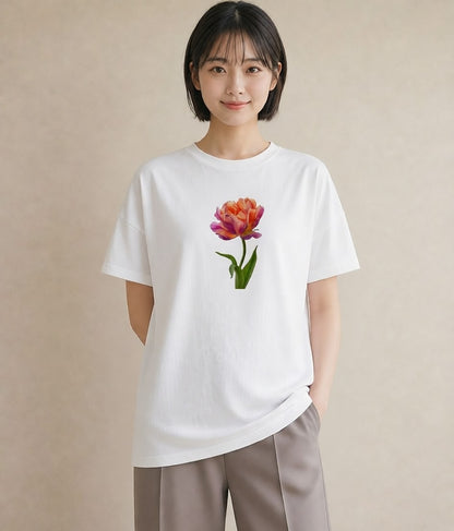 プリントTシャツ レディース チューリップ 花 花柄 イラスト シック ミセス 春コーデ 白T YMAZO