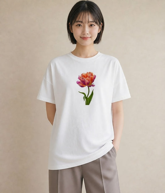 プリントTシャツ レディース チューリップ 花 花柄 イラスト シック ミセス 春コーデ 白T YMAZO
