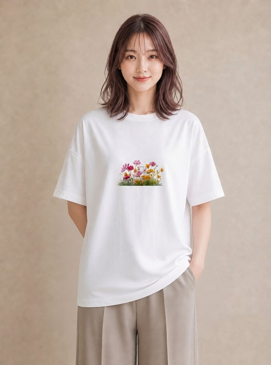 半袖Tシャツ レディース コスモス 秋桜 花 花柄 イラスト ゆるコーデ 夏コーデ 通学 白T YMAZO