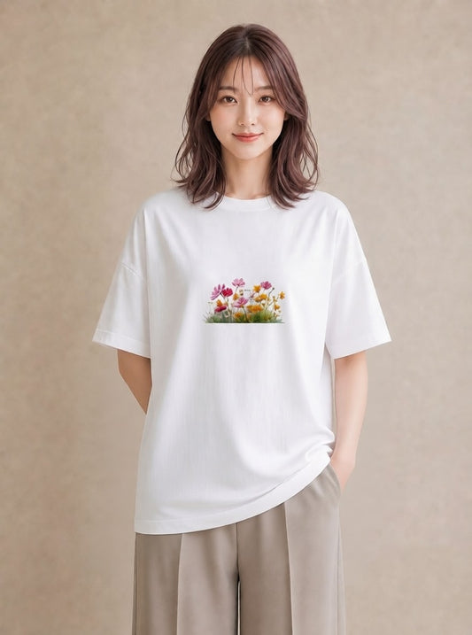半袖Tシャツ レディース コスモス 秋桜 花 花柄 イラスト ゆるコーデ 夏コーデ 通学 白T YMAZO
