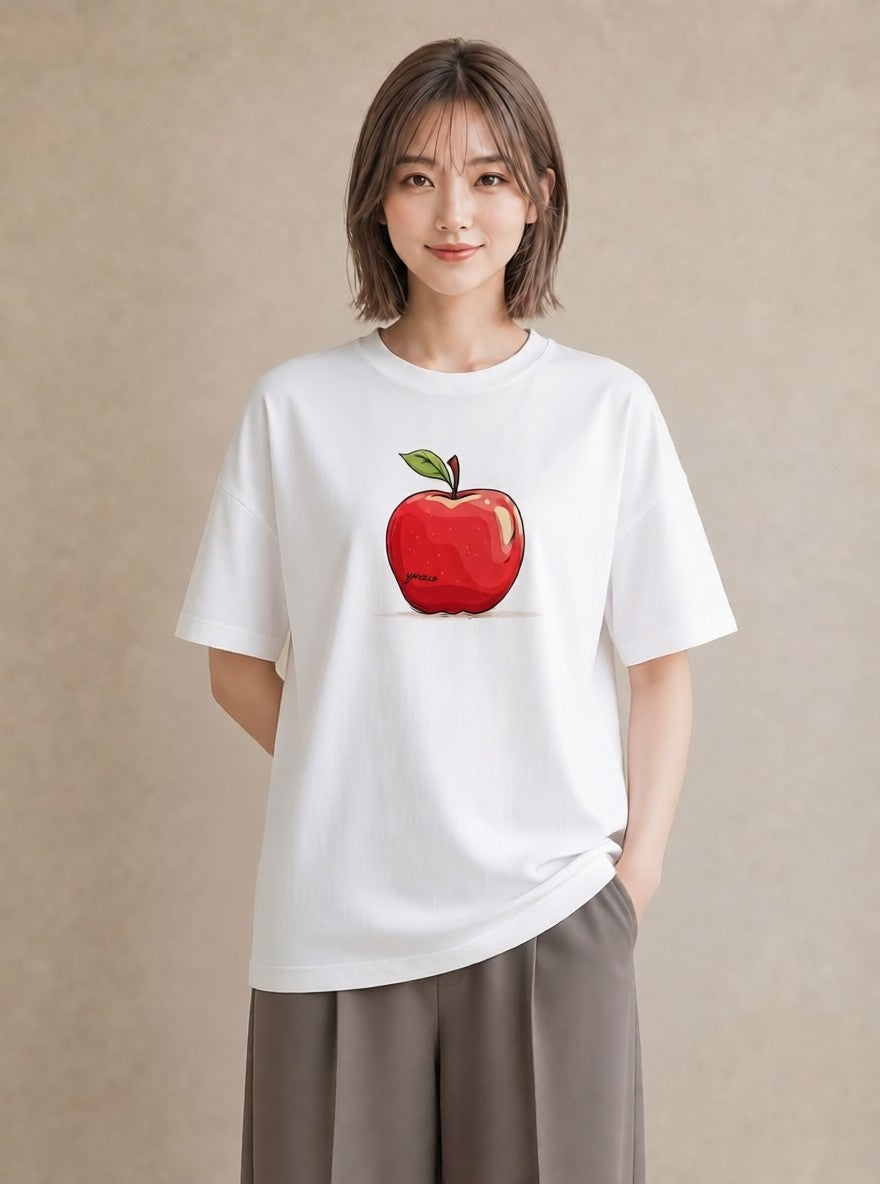 半袖Tシャツ レディース りんご 林檎 アップル 食べ物 フード イラスト きれいめ 夏コーデ 通学 白T YMAZO