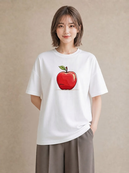 半袖Tシャツ レディース りんご 林檎 アップル 食べ物 フード イラスト きれいめ 夏コーデ 通学 白T YMAZO