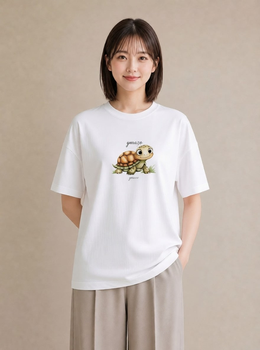 デザインTシャツ レディース ウミガメ 海の生き物 海 イラスト きれいめ ラフ レイヤード 白T YMAZO