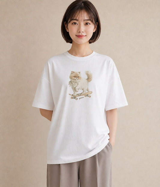 Tシャツ レディース ペルシャ 猫 ねこ イラスト 個性的 春服 ミセス 白T YMAZO