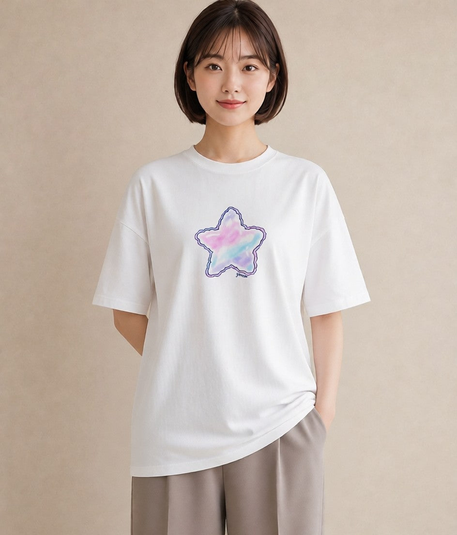 グラフィックTシャツ レディース 流れ星 星空 宇宙 イラスト 手描き風 自分用 ルームウェア 白T YMAZO