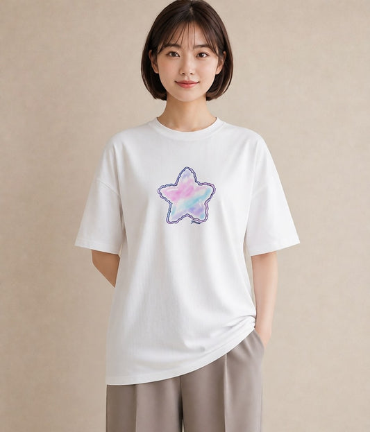 グラフィックTシャツ レディース 流れ星 星空 宇宙 イラスト 手描き風 自分用 ルームウェア 白T YMAZO
