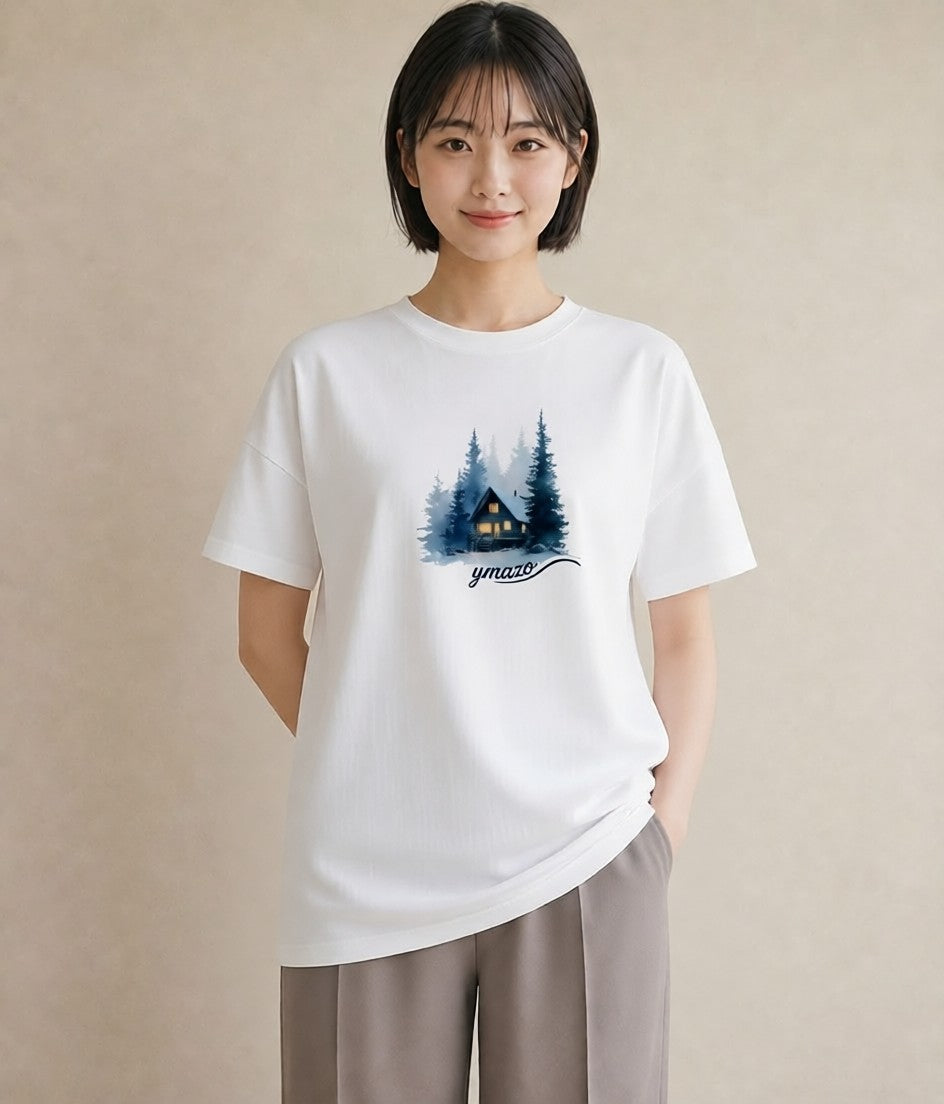 プリントTシャツ レディース 湖畔の小屋 湖 小屋 ナチュラル アンティーク イラスト 線画 ペアコーデ 秋コーデ 白T YMAZO