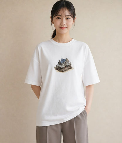 Tシャツ レディース 駅のホーム ローカル線 駅 ナチュラル アンティーク イラスト 手描き風 20代 カジュアルコーデ 白T YMAZO