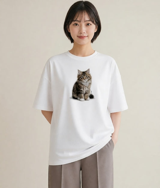 デザインTシャツ レディース メインクーン 猫 ねこ イラスト 上品 ギフト 母の日 白T YMAZO