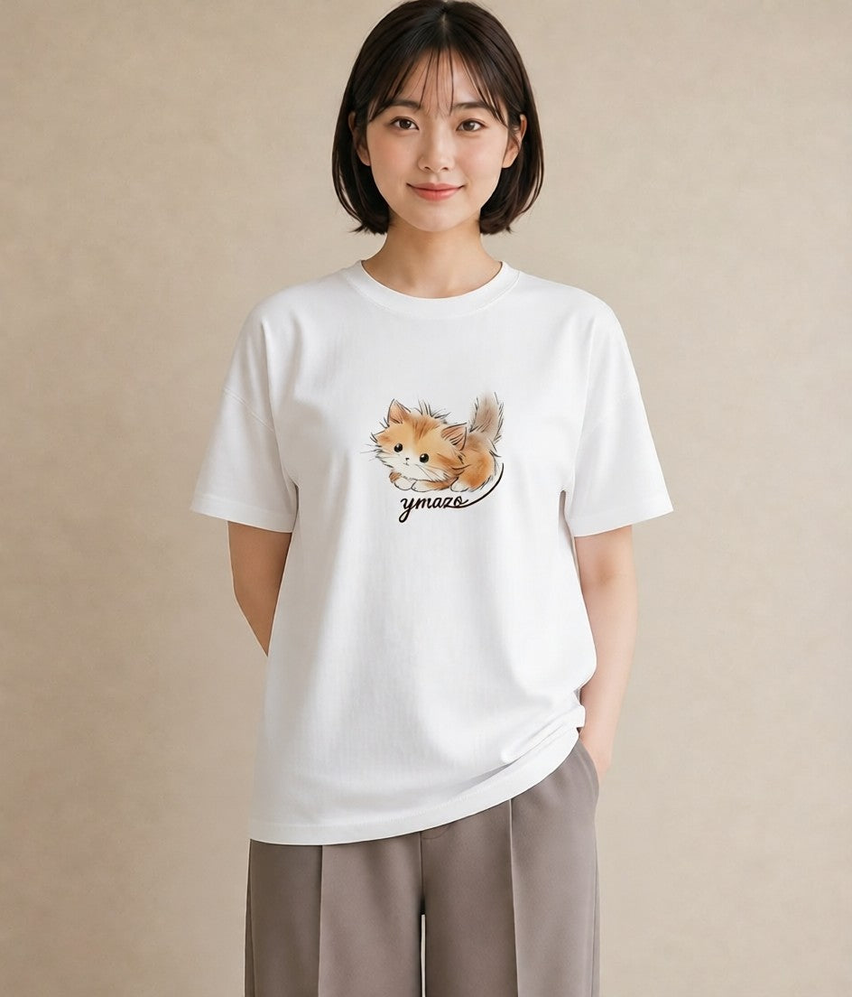 デザインTシャツ レディース マンチカン 猫 ねこ イラスト ポップ 誕生日プレゼント 綿100 白T YMAZO