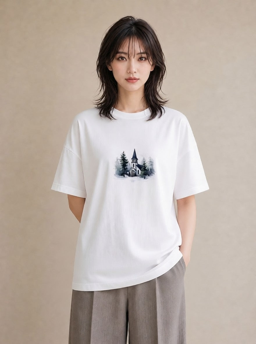 Tシャツ レディース 灯りの家 小屋 夜 ナチュラル アンティーク イラスト ゆるかわ 友達ギフト 部屋着 白T YMAZO