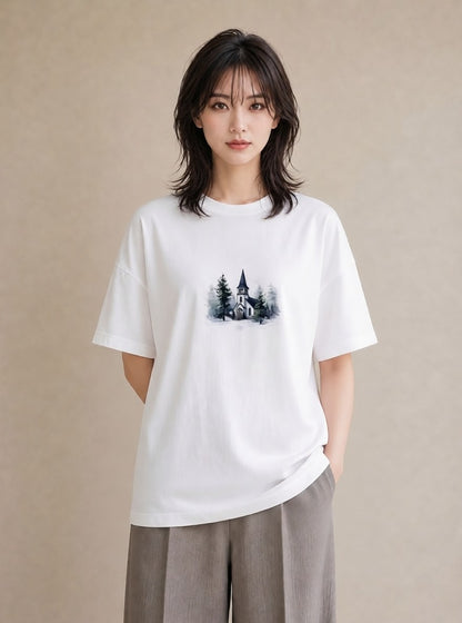Tシャツ レディース 灯りの家 小屋 夜 ナチュラル アンティーク イラスト ゆるかわ 友達ギフト 部屋着 白T YMAZO
