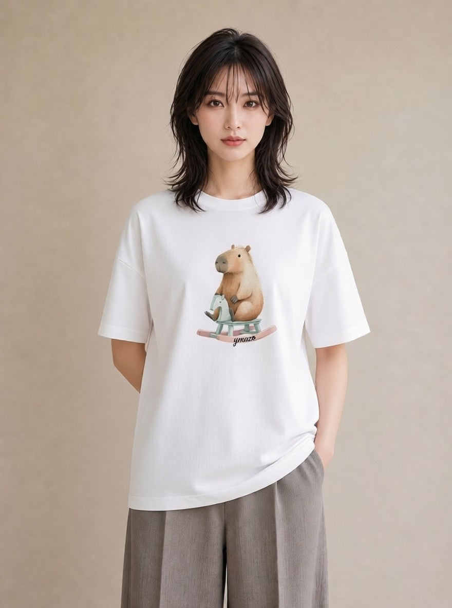 デザインTシャツ レディース モルモット ペット 動物 イラスト 淡色 旅行用 海 白T YMAZO