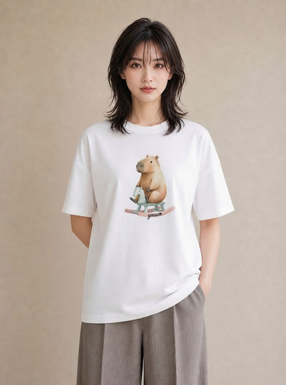 デザインTシャツ レディース モルモット ペット 動物 イラスト 淡色 旅行用 海 白T YMAZO