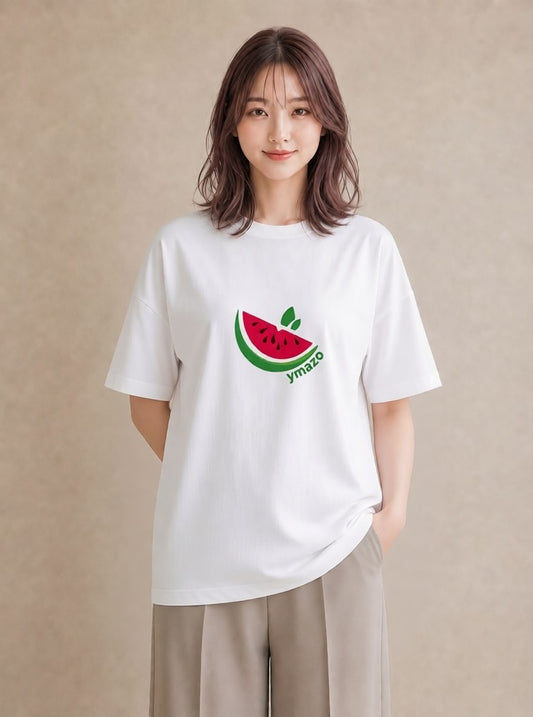 プリントTシャツ レディース すいか 食べ物 フード イラスト ヴィンテージ風 ママ カフェ服 白T YMAZO