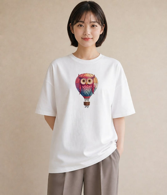 プリントTシャツ レディース 気球 星空 宇宙 イラスト ナチュラル 帰省 ラフ 白T YMAZO