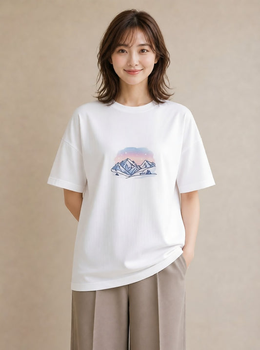 半袖Tシャツ レディース オーロラ 星空 宇宙 イラスト 個性的 春服 ミセス 白T YMAZO