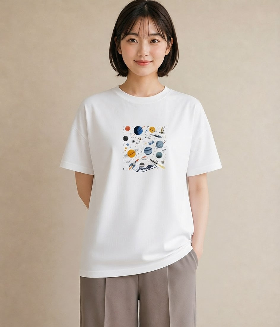 グラフィックTシャツ レディース 宇宙 星空 イラスト シック レイヤード 友達ギフト 白T YMAZO