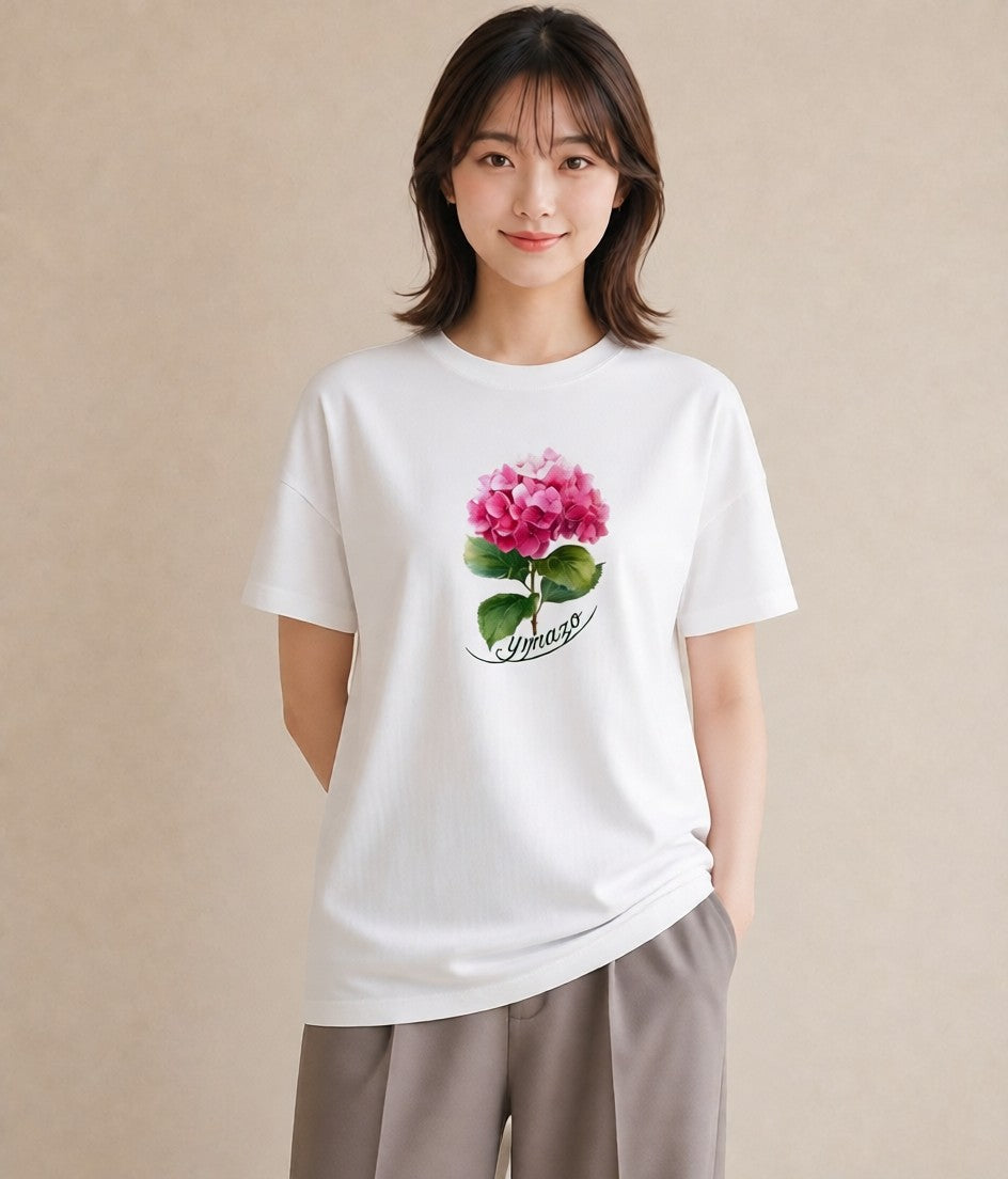 プリントTシャツ レディース あじさい 紫陽花 アジサイ 花 花柄 イラスト モード カジュアルコーデ 買い物 白T