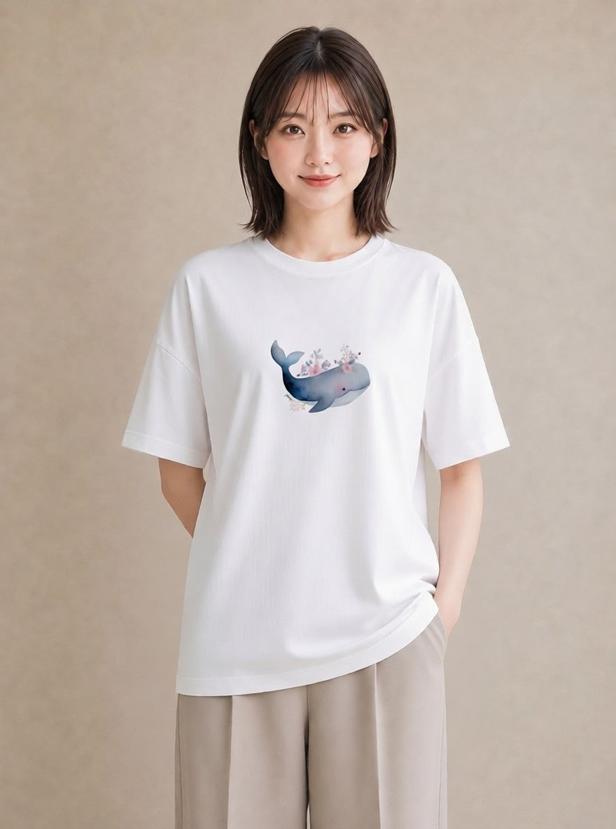 半袖Tシャツ レディース イルカ 海の生き物 海 イラスト 韓国風 夏コーデ 通学 白T YMAZO