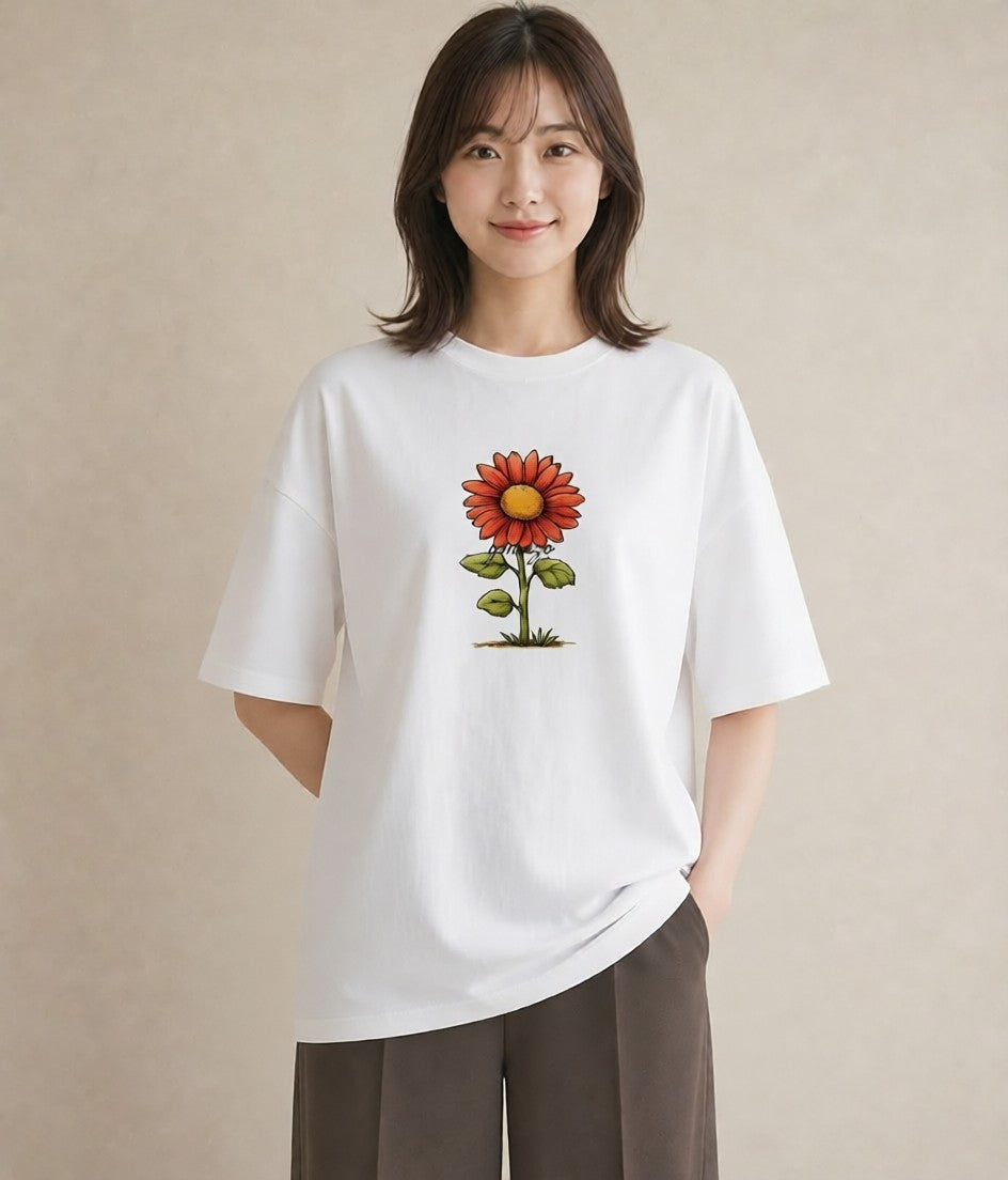 プリントTシャツ レディース ひまわり 向日葵 花 花柄 イラスト カフェコーデ 普段着 週末コーデ 白T