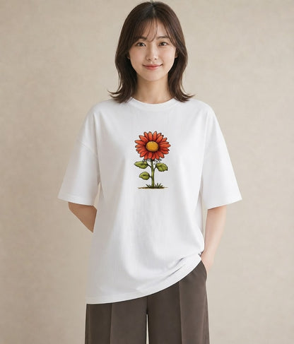 プリントTシャツ レディース ひまわり 向日葵 花 花柄 イラスト カフェコーデ 普段着 週末コーデ 白T