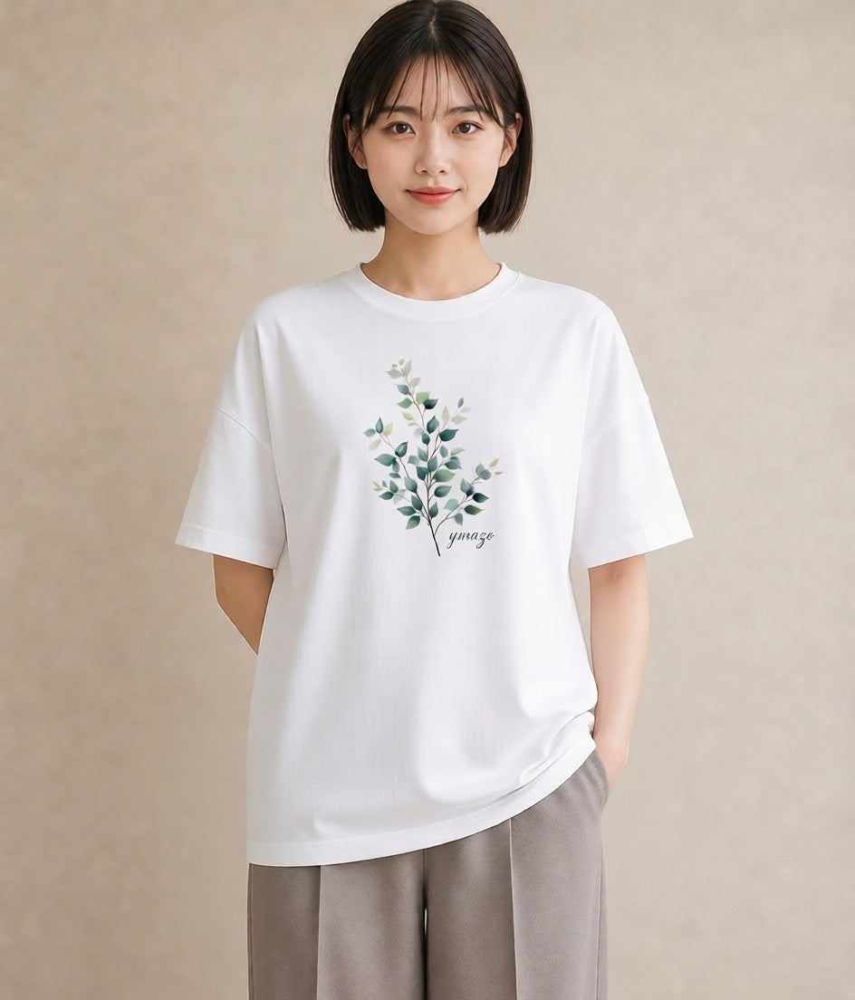デザインTシャツ レディース 葉っぱ 植物 ボタニカル イラスト ニュアンス ビーチ デイリーウェア 白T YMAZO