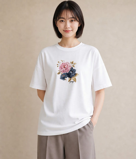 Tシャツ レディース 牡丹 花 花柄 イラスト お洒落 週末コーデ 敬老の日 白T YMAZO
