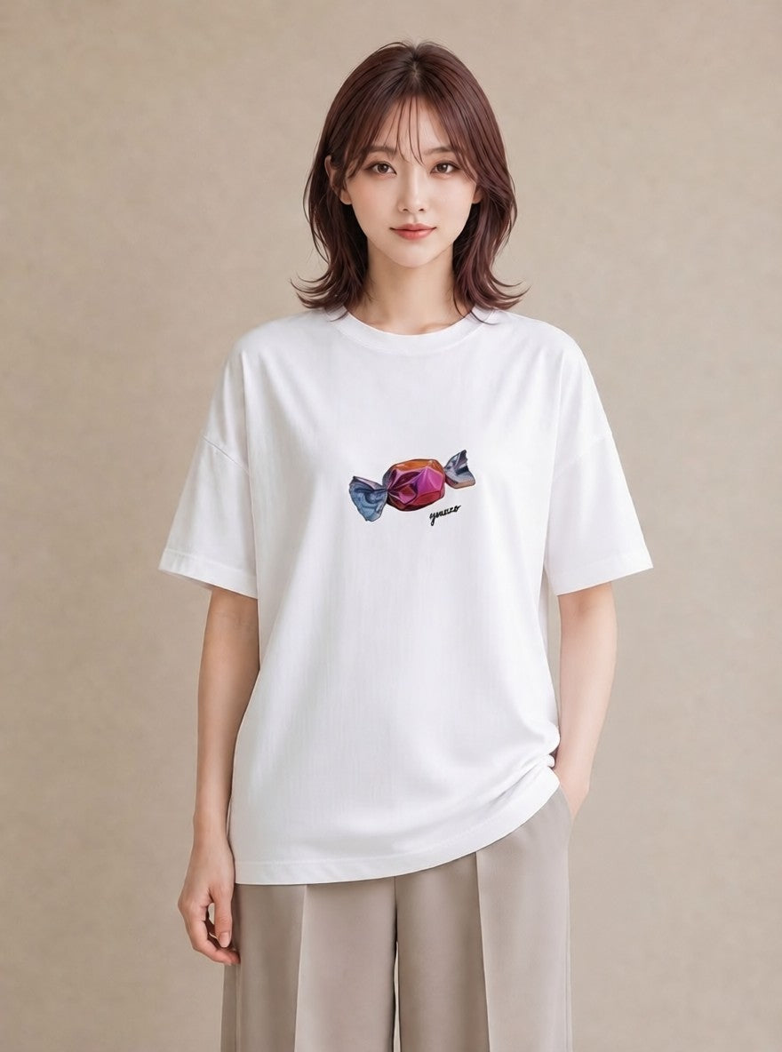 デザインTシャツ レディース キャンディ 食べ物 フード イラスト 韓国風 カフェ巡り 女子会 白T YMAZO