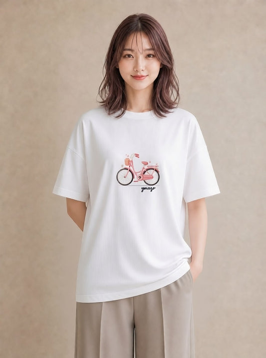 グラフィックTシャツ レディース 自転車のかご 自転車 花かご ナチュラル アンティーク イラスト 休日 ペアコーデ 白T