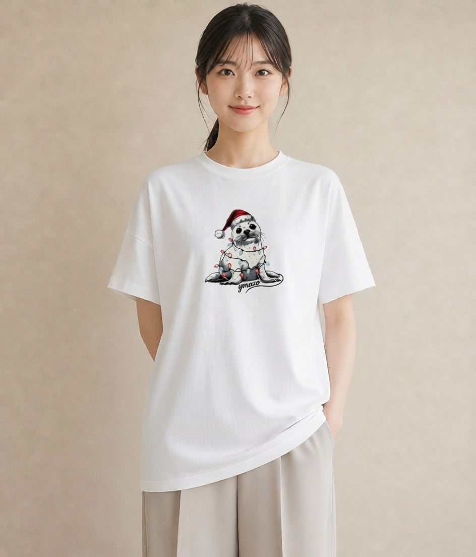 Tシャツ レディース ゴマフアザラシ 動物 アニマル イラスト シンプル デイリーウェア 休日 白T YMAZO