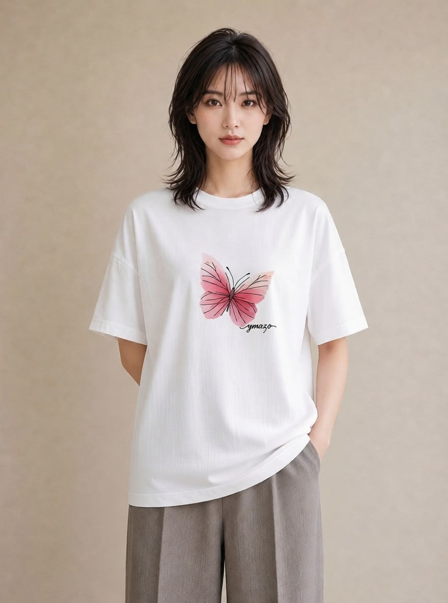 デザインTシャツ レディース ちょうちょ 蝶 バタフライ 昆虫 虫 イラスト ニュアンス 休日 ペアコーデ 白T YMAZO