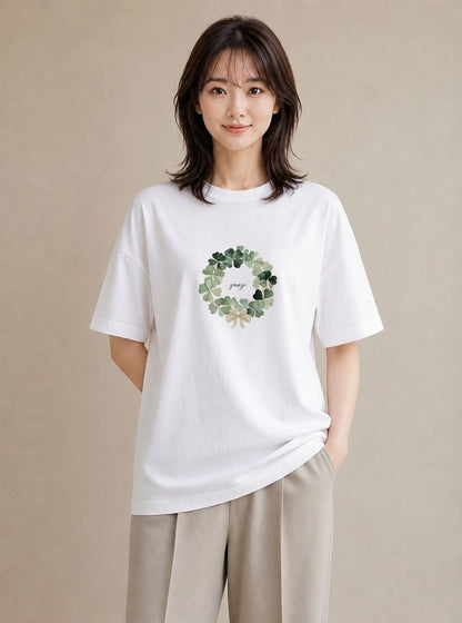プリントTシャツ レディース クローバー 四つ葉 花 花柄 イラスト 淡色 送別ギフト 通勤 白T YMAZO