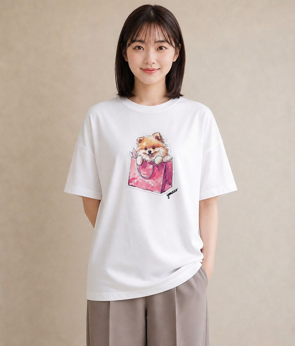 Tシャツ レディース ポメラニアン ポメ 犬 いぬ イラスト ヴィンテージ風 お揃い 親子 白T YMAZO