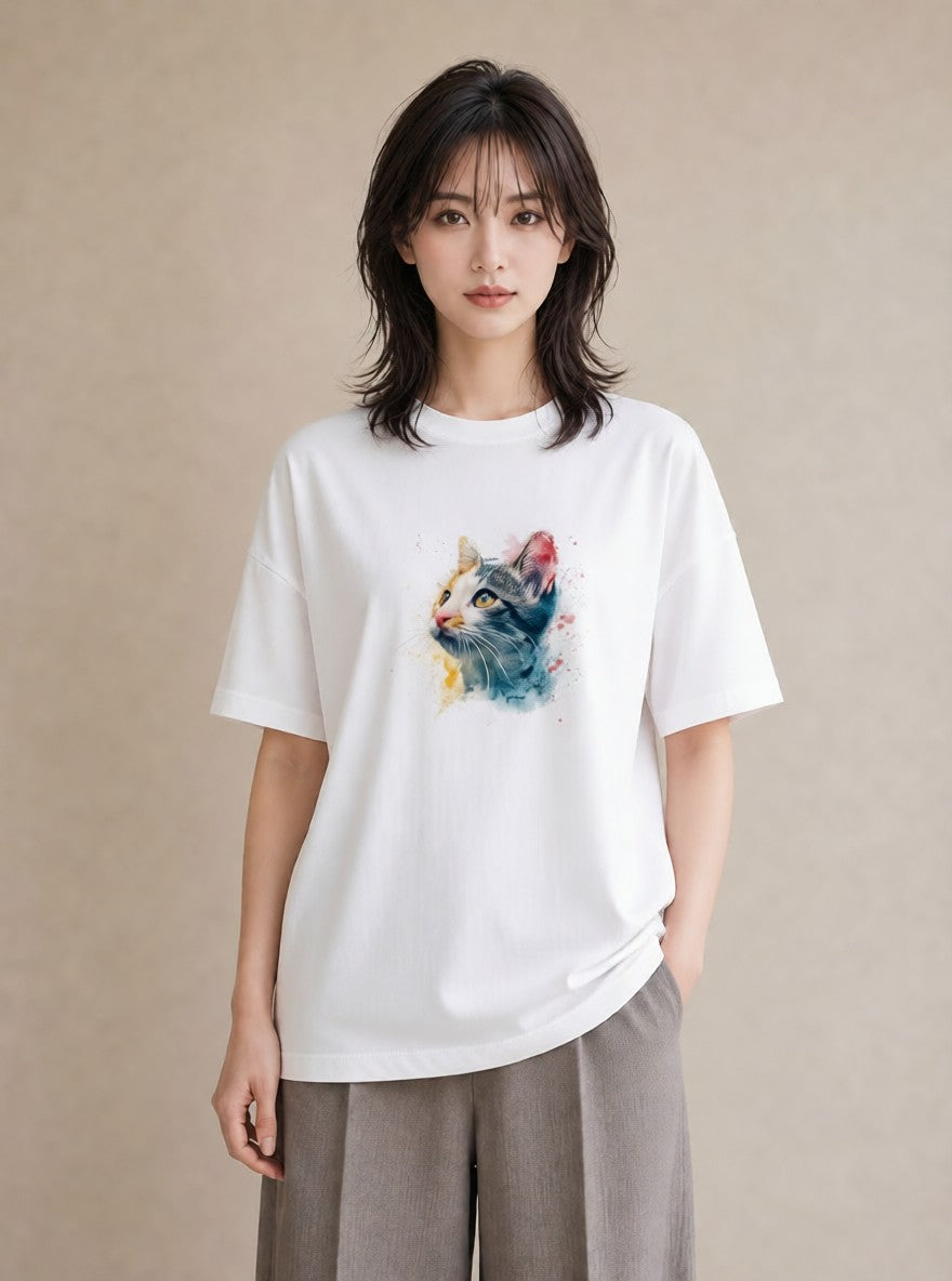 Tシャツ レディース ぶち猫 猫 ねこ イラスト 水彩風 お揃い 親子 白T YMAZO