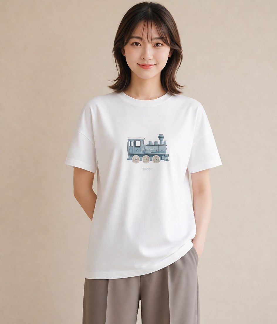 Tシャツ レディース 駅のホーム ローカル線 駅 ナチュラル アンティーク イラスト ユニーク 姉妹 送別ギフト 白T YMAZO