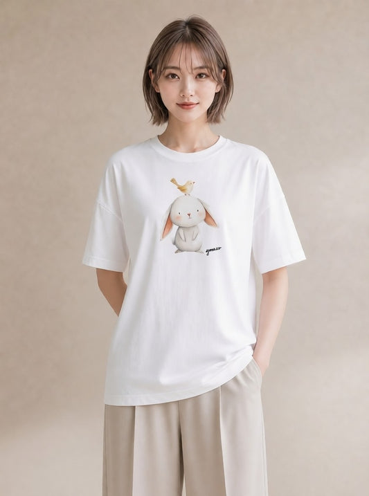 半袖Tシャツ レディース ミニうさぎ ペット 動物 イラスト 北欧風 週末コーデ 敬老の日 白T YMAZO