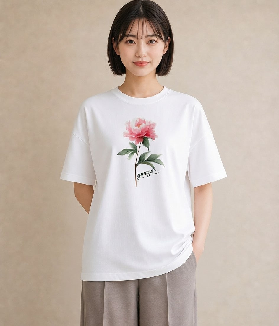 Tシャツ レディース 牡丹 花 花柄 イラスト きれいめカジュアル クリスマス 旅行 白T