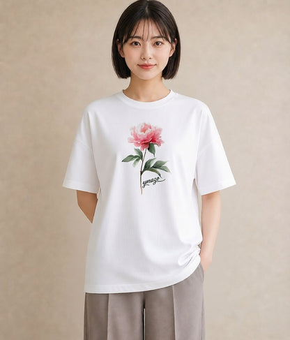 Tシャツ レディース 牡丹 花 花柄 イラスト きれいめカジュアル クリスマス 旅行 白T