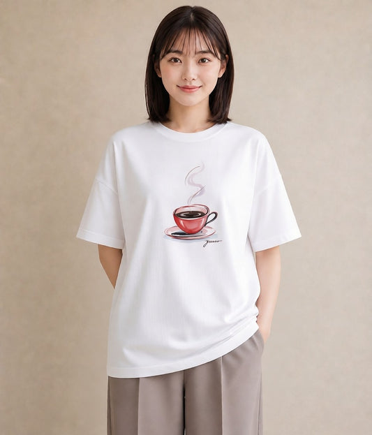 Tシャツ レディース コーヒー カフェ 珈琲 イラスト 淡色 ラフ レイヤード 白T YMAZO