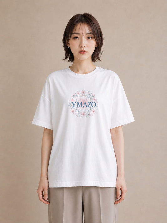 【受注生産】YMAZO Tシャツ レディース 半袖 ビッグシルエット 花柄 フローラル ボタニカル 花 ブーケ 白T 綿100% ホワイト M L ナチュラル 韓国っぽい ニュアンス 推し活 お出かけ 2026新作｜花あそび（スタンダードプ