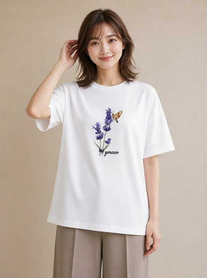 デザインTシャツ レディース ラベンダー 花 花柄 イラスト 線画 自分用 ルームウェア 白T