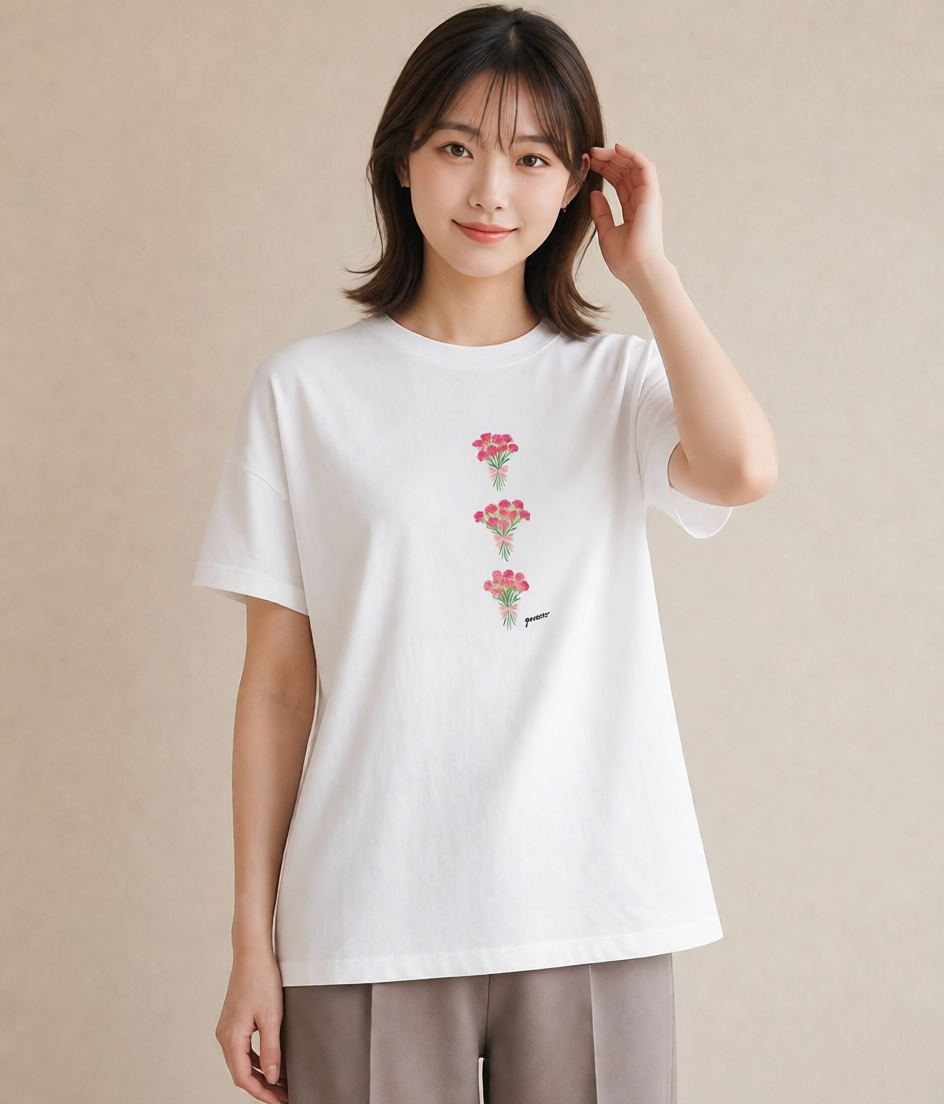 プリントTシャツ レディース カーネーション 花 花柄 イラスト カジュアル 在宅 公園 白T YMAZO