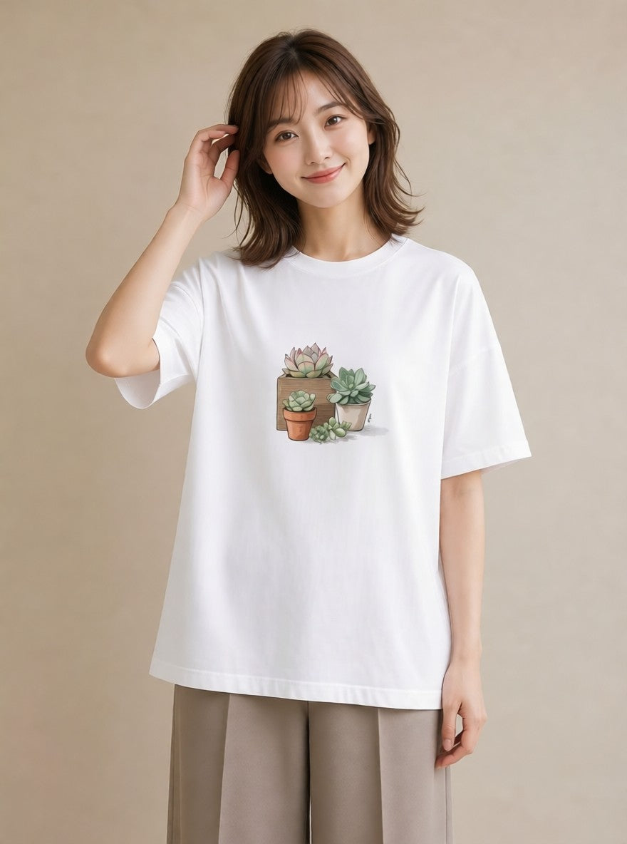 半袖Tシャツ レディース 多肉植物 植物 ボタニカル イラスト レトロ 夏コーデ 通学 白T YMAZO
