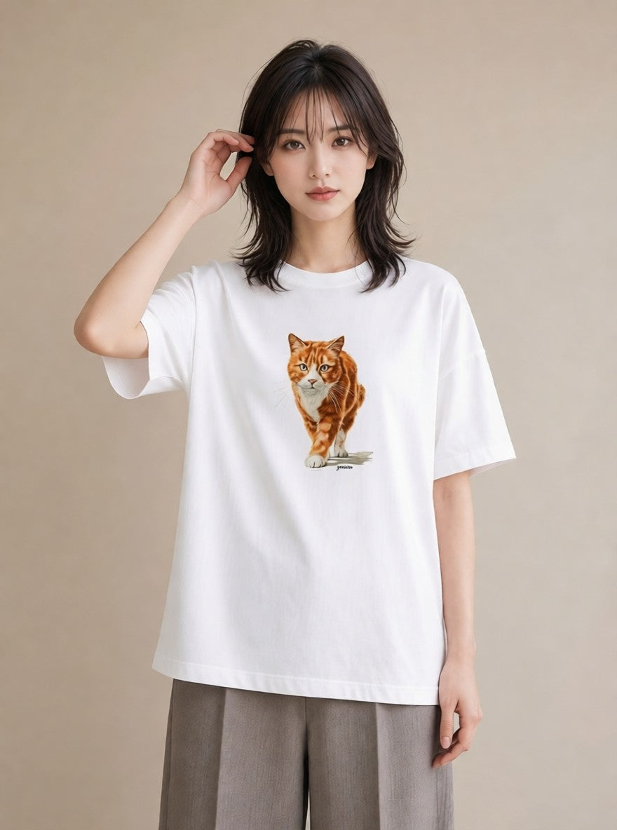 デザインTシャツ レディース 茶トラ 茶猫 猫 ねこ イラスト カフェコーデ 社会人 女性 白T YMAZO