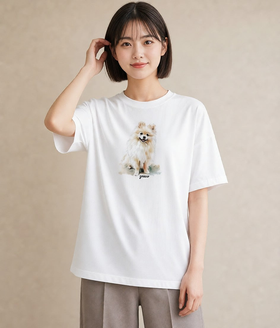 デザインTシャツ レディース ポメラニアン ポメ 犬 いぬ イラスト 休日コーデ お揃い 親子 白T YMAZO