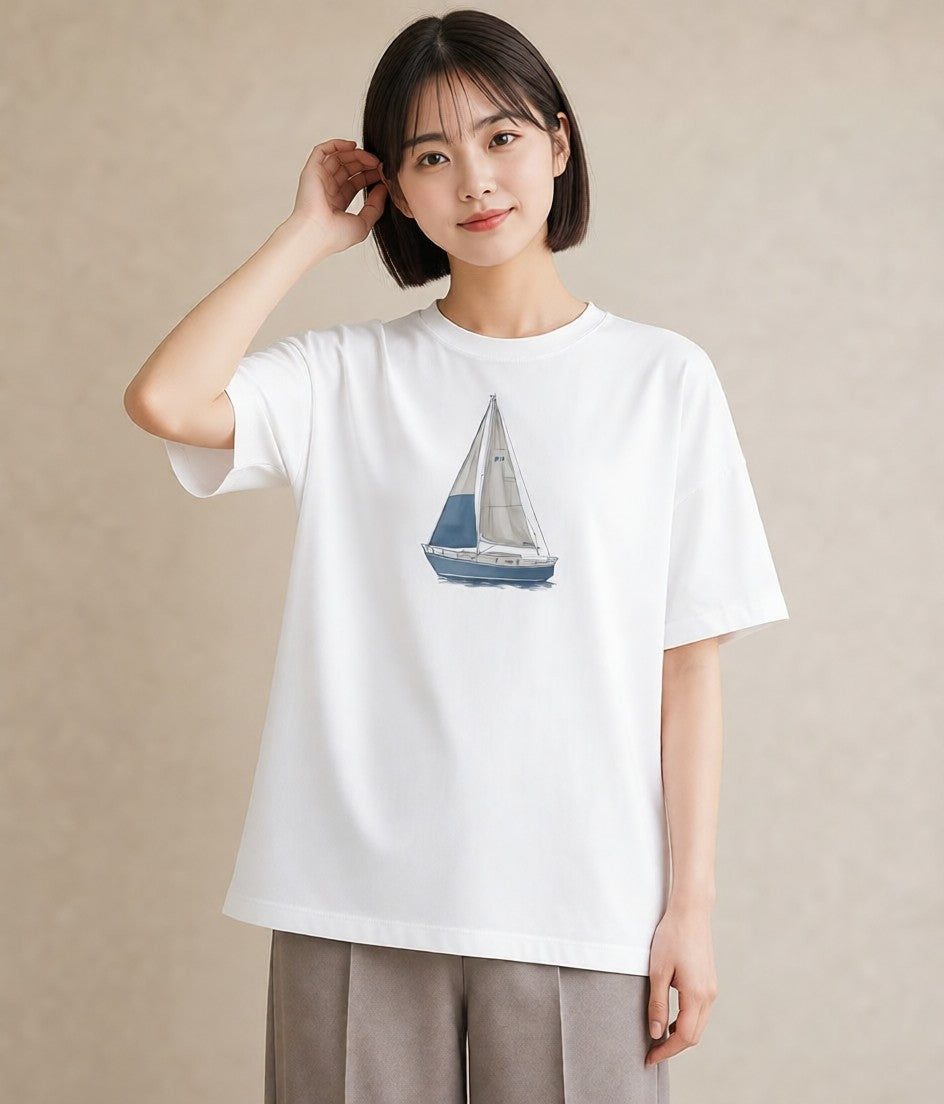 半袖Tシャツ レディース 紙の船 水辺 ナチュラル アンティーク イラスト フェミニン おしゃれギフト 社会人 白T YMAZO