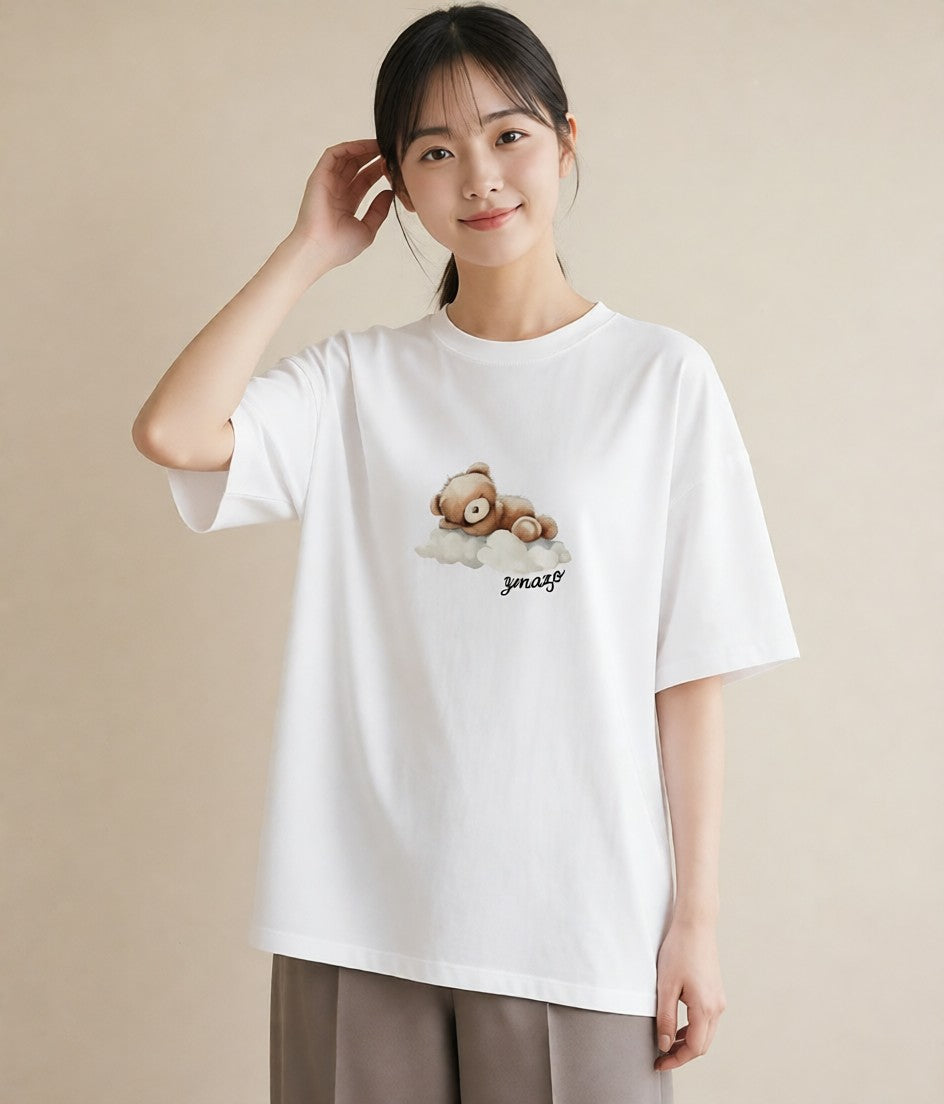 半袖Tシャツ レディース 雲 星空 宇宙 イラスト レトロ 誕生日プレゼント 綿100 白T YMAZO